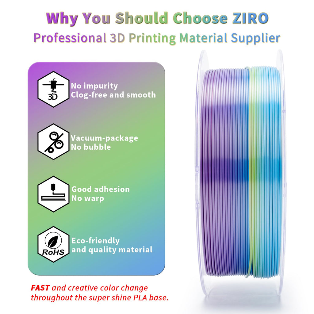 ZIRO Fast Color Change PLA, 1.75mm Color Gradient Filament, Glossy Rainbow PLA Filaments, Fit Most 3D Printer Pen, Shiny Surface 1KG/2.2lbs Spool, Aqua Sky (Silk)