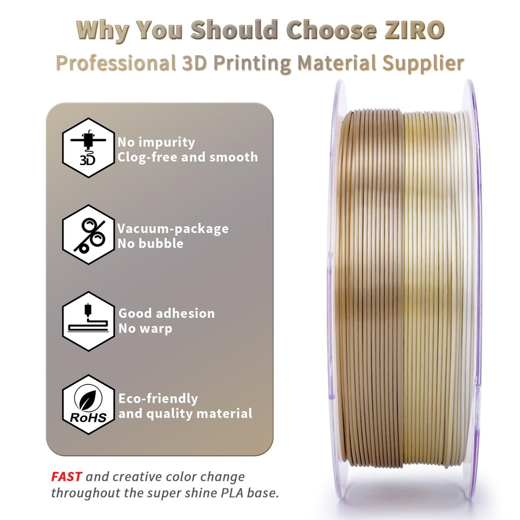 ZIRO Fast Color Change PLA, 1.75mm Color Gradient Filament, Glossy Rainbow PLA Filaments, Fit Most 3D Printer Pen, Shiny Surface 1KG/2.2lbs Spool, Aqua Sky (Silk)