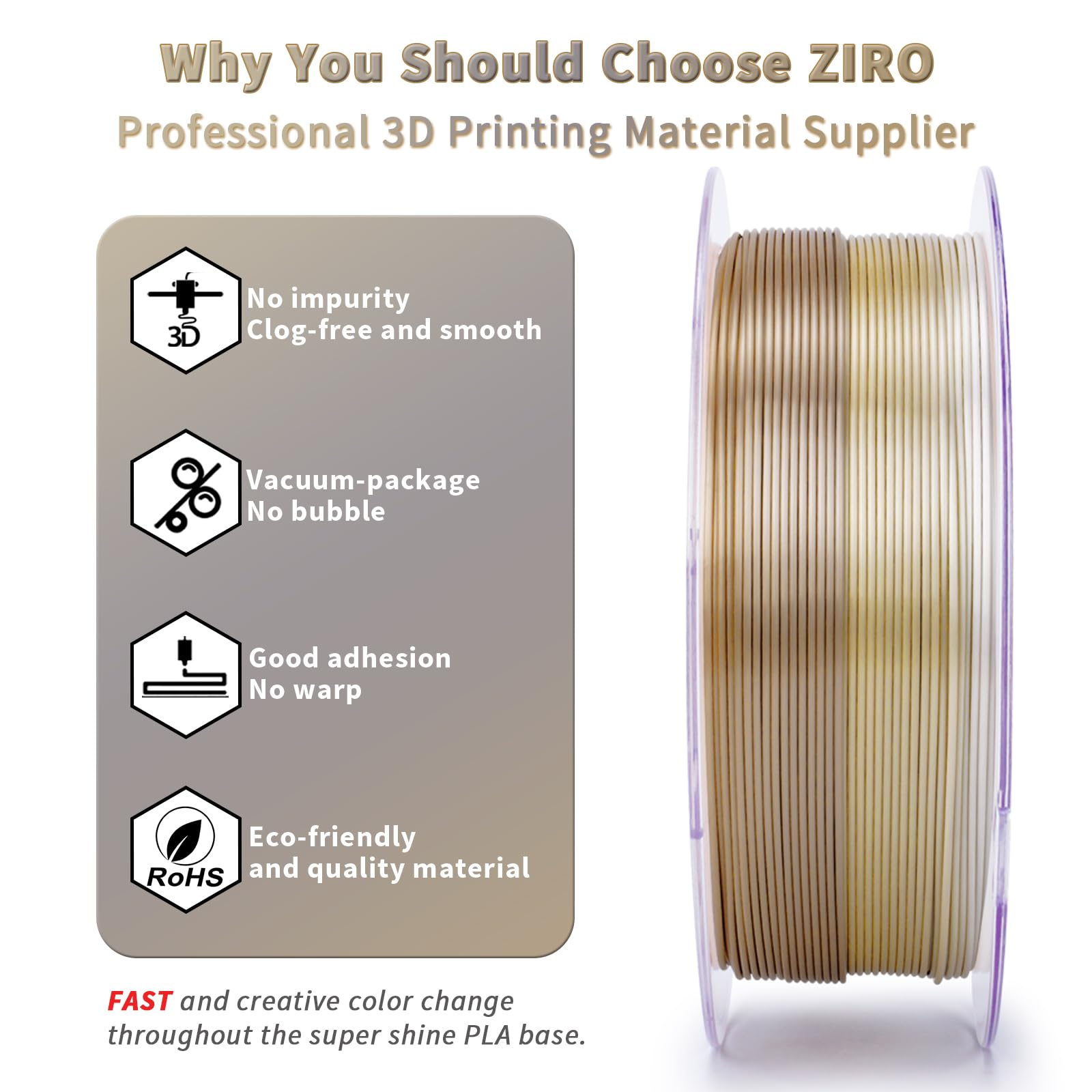 ZIRO Fast Color Change PLA, 1.75mm Color Gradient Filament, Glossy Rainbow PLA Filaments, Fit Most 3D Printer Pen, Shiny Surface 1KG/2.2lbs Spool, Aqua Sky (Silk)