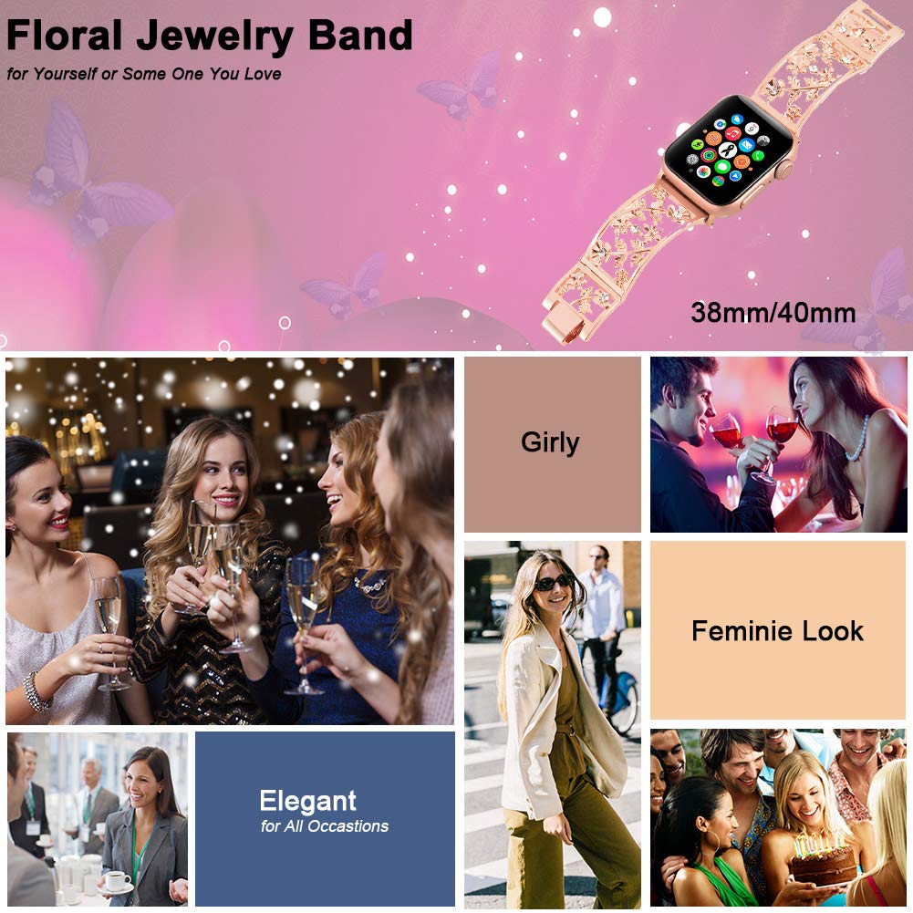 Floral Band Compatible with Apple Watch Jewelry Band 38mm 40mm 41mm 42mm iWatch Bands Series 11 10 9 8 7 6,Bling Crystal Bracelet Hollow Metal Strap,Fashion Women Wristband(38/40/41/42mm,Black)
