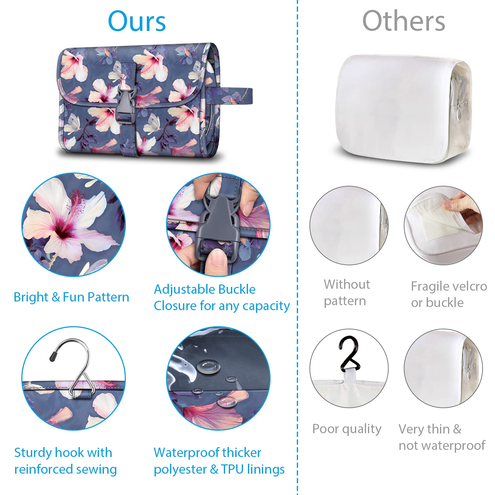 FINTIE Portable Toiletry Cosmetic Travel Bag, Large Water Resistant Hanging Makeup Organizer Storage Pouch Case for Women Girls (Blooming Hibiscus)