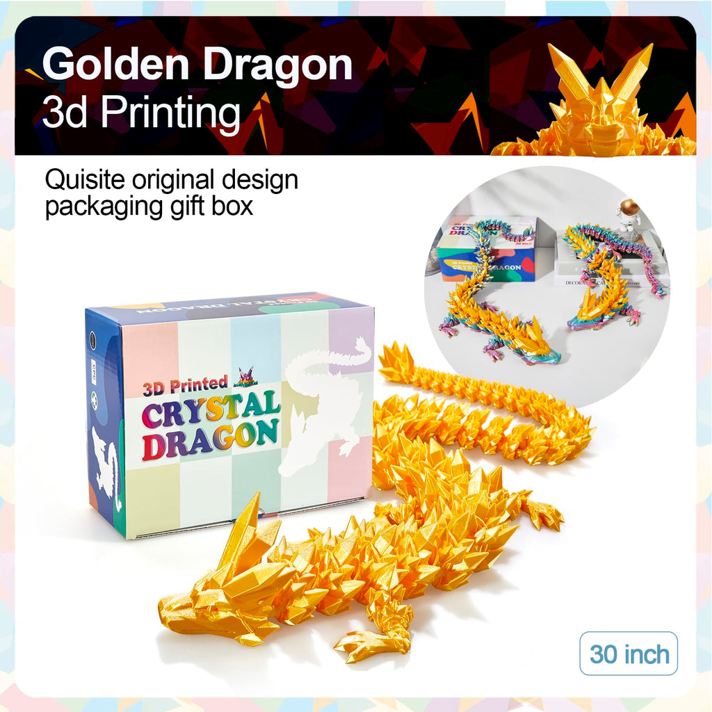 24" Large 3D Printed Dragon - Huge Articulated Crystal Dragon Fidget Toy, Giant Flexible 3D Dragon Figure, Birthday Gift for Boys Girls Kids & Collectors, Home Office Executive Desk Decor