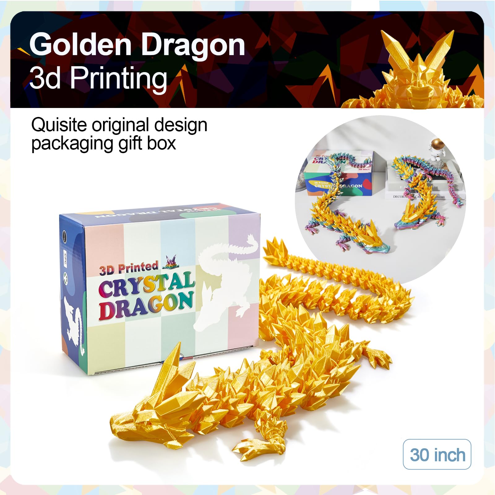 24" Large 3D Printed Dragon - Huge Articulated Crystal Dragon Fidget Toy, Giant Flexible 3D Dragon Figure, Birthday Gift for Boys Girls Kids & Collectors, Home Office Executive Desk Decor