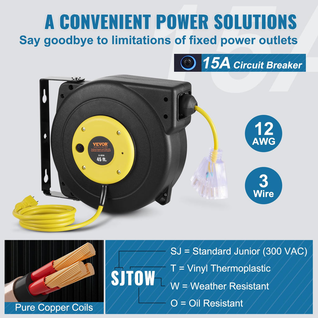 VEVOR Retractable Extension Cord Reel, 30 FT, Heavy Duty 16AWG/3C SJTOW Retractable Power Cord Reel with Lighted Triple Tap Outlet 10 Amp Circuit Breaker 4.5FT Lead-in Cord, for Ceiling or Wall Mount