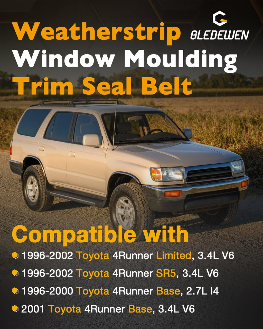 Window Trim Seal, Compatible with 1996-2002 Toyota 4Runner 4-Door, Window Molding Weather Stripping Belt Set, 68161-35010, 68162-35010, 68163-35010, 68164-35010, Door Weatherstrip Rubber Moulding 4PCS