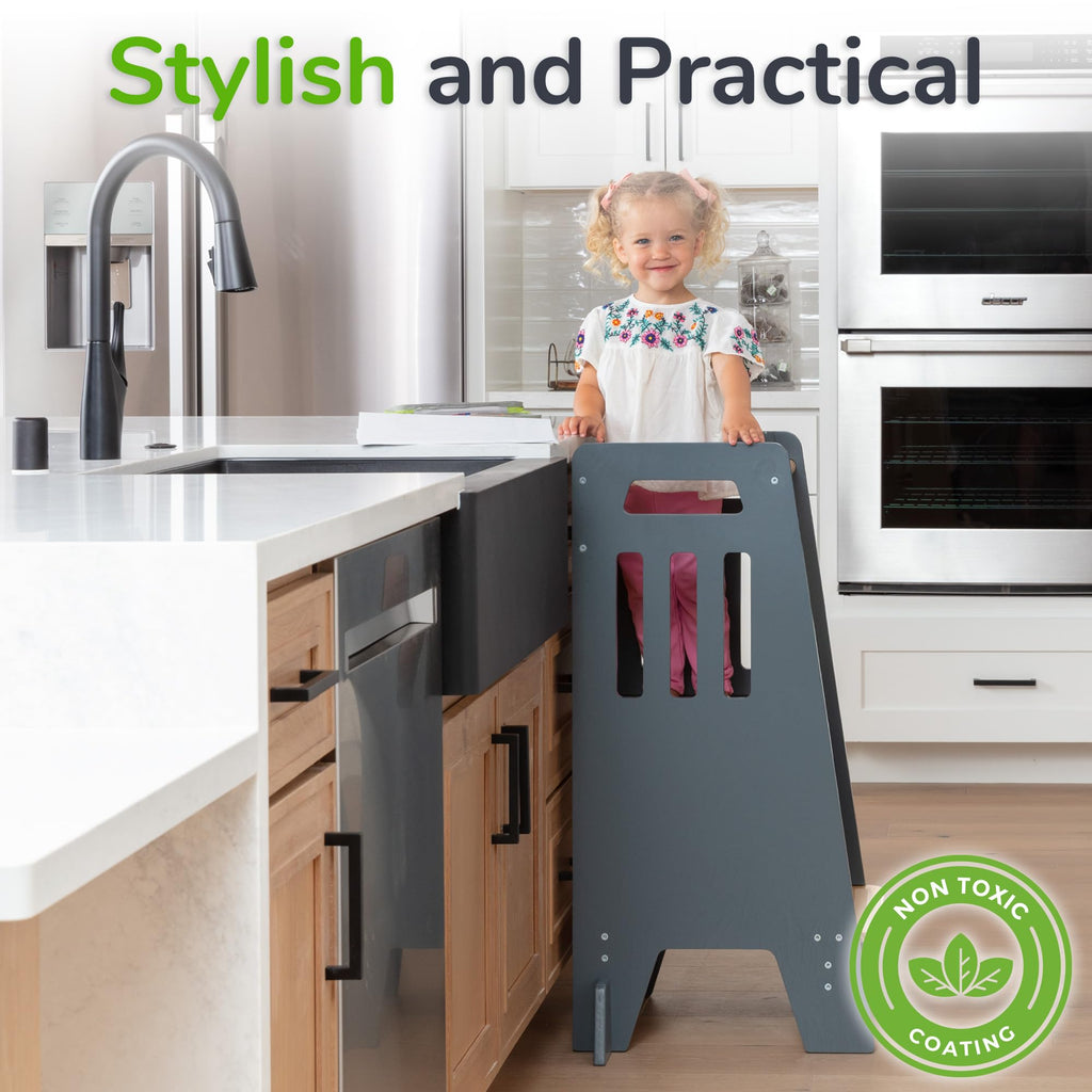 OCODILE Toddler Tower with a Sliding Door and 3 Adjustable Heights - Safe Toddler Kitchen Step Helper with Support Feet - Updated Design for 18+ Months to 6-Year-Old Kids - Gray
