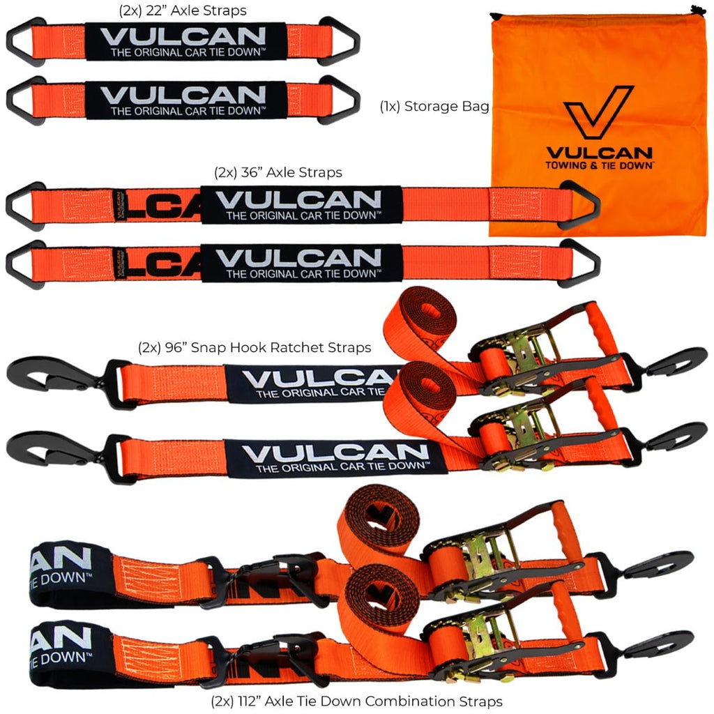 VULCAN Complete Axle Strap Tie Down Kit with Snap Hook Ratchet Straps - Classic Yellow - Includes (4) 22 Inch Axle Straps, (4) 36 Inch Axle Straps, and (4) 8' Snap Hook Ratchet Straps