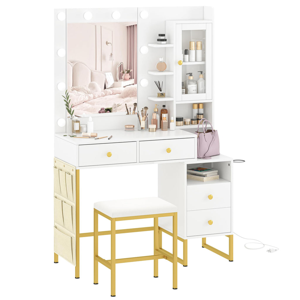 YIKEHOME Makeup Vanity Desk with Mirror and 10 Lights, 3-Colour Hollywood Brighter Bulbs, Vanity Table Set with Large Drawers and and Charging Station for Bedroom Dressing Room White