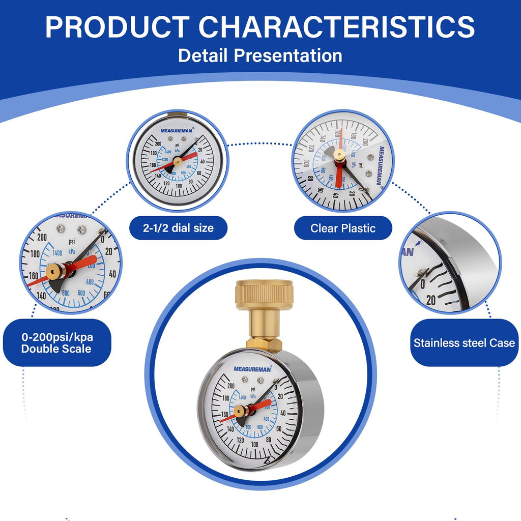 MEASUREMAN 2" Water Pressure Test Gauge, 3/4" Female Hose Thread, 0-200 psi/kpa with Maximum Pressure Memory (Pack of 2)