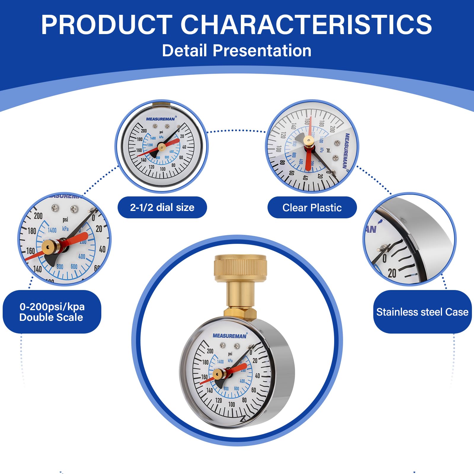 MEASUREMAN 2" Water Pressure Test Gauge, 3/4" Female Hose Thread, 0-200 psi/kpa with Maximum Pressure Memory (Pack of 2)