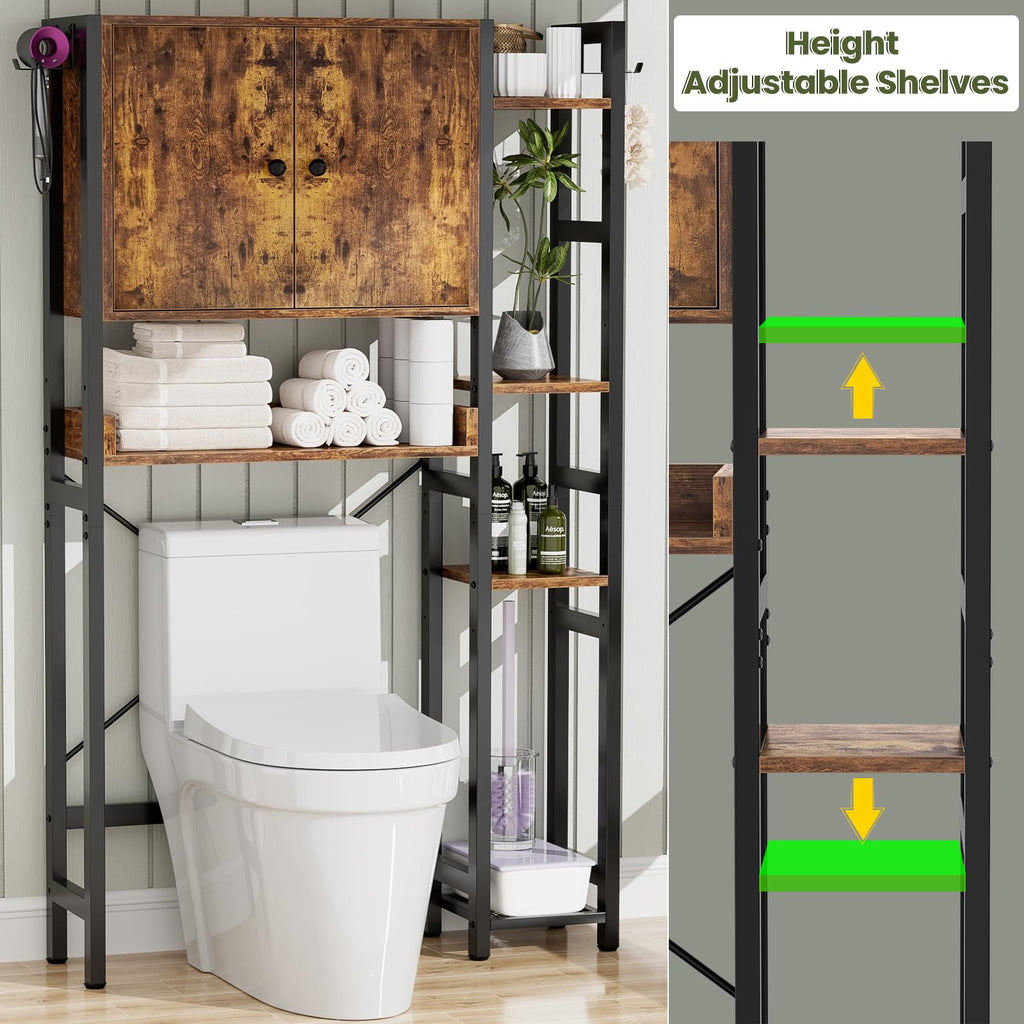 Over The Toilet Storage Cabinet with Doors - 7 Tier Bathroom Organizer with Adjustable Shelf, Freestanding Space Saver Rack Above Toilet Stand with 4 Hooks for Bathroom, Restroom, Laundry, Black