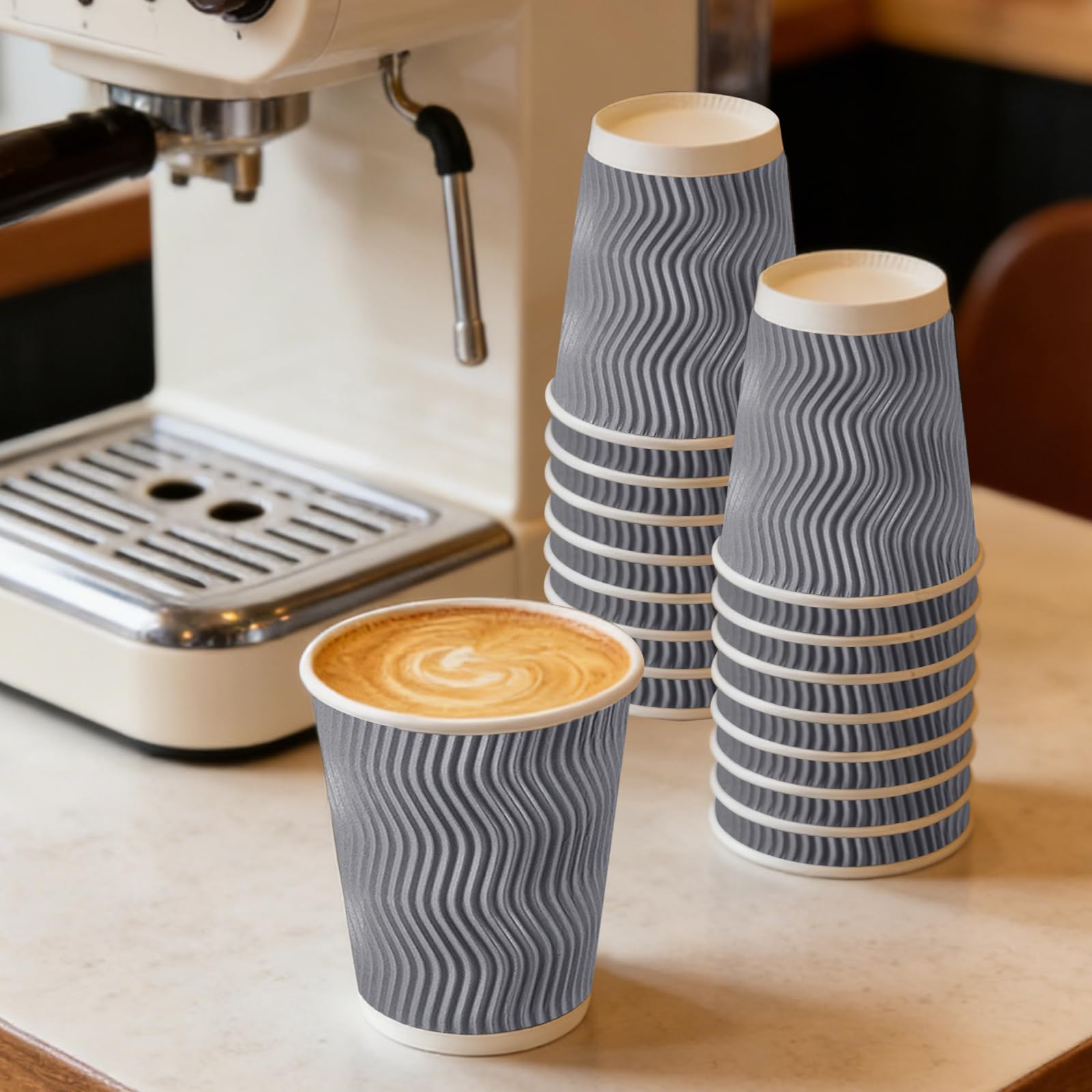 BYSNOW 100 Pack 10 oz Coffee Cups with Lids, Disposable Insulated Hot Cups To Go Paper Coffee Cups, Corrugated Ripple Wall Cup for Hot Drink, Office, Coffee Bar (Grey 10 oz)