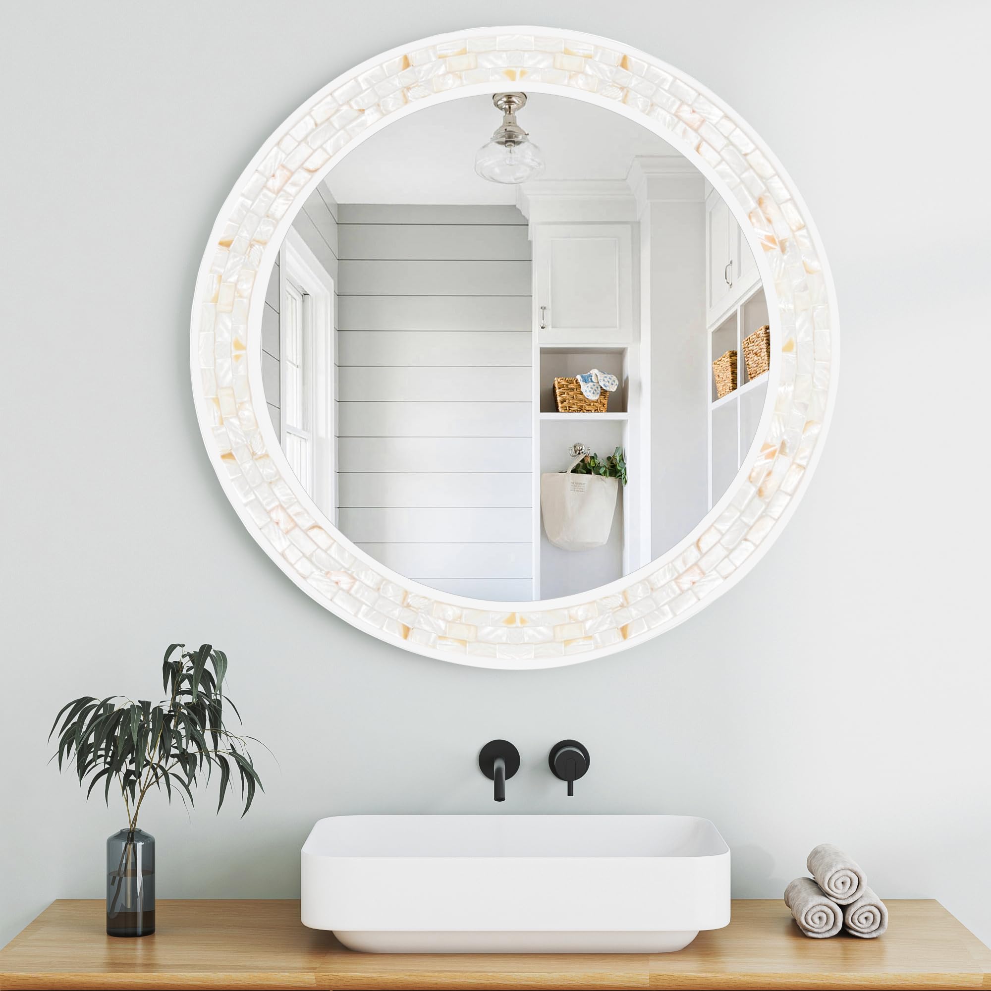 Tanmicoshomy Round Wall Mirror 24 Inch,Circle Mosaic Mirror with Natural Mother of Pearl and Wood Frame, Decorative Coastal Round Wall Mirror for Bathroom Bedroom Living Room Entryway