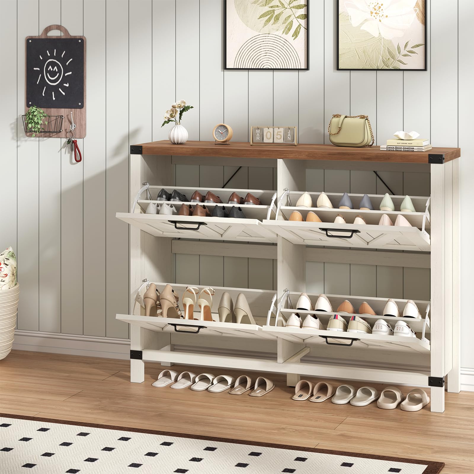 YOMILUVE Shoe Cabinet Storage for Entryway, Fluted Shoe Cabinet with 2 Flip Drawers, Hidden Shoe Rack Tall Freestanding Shoe Organizer with Legs for Hallway, Blue