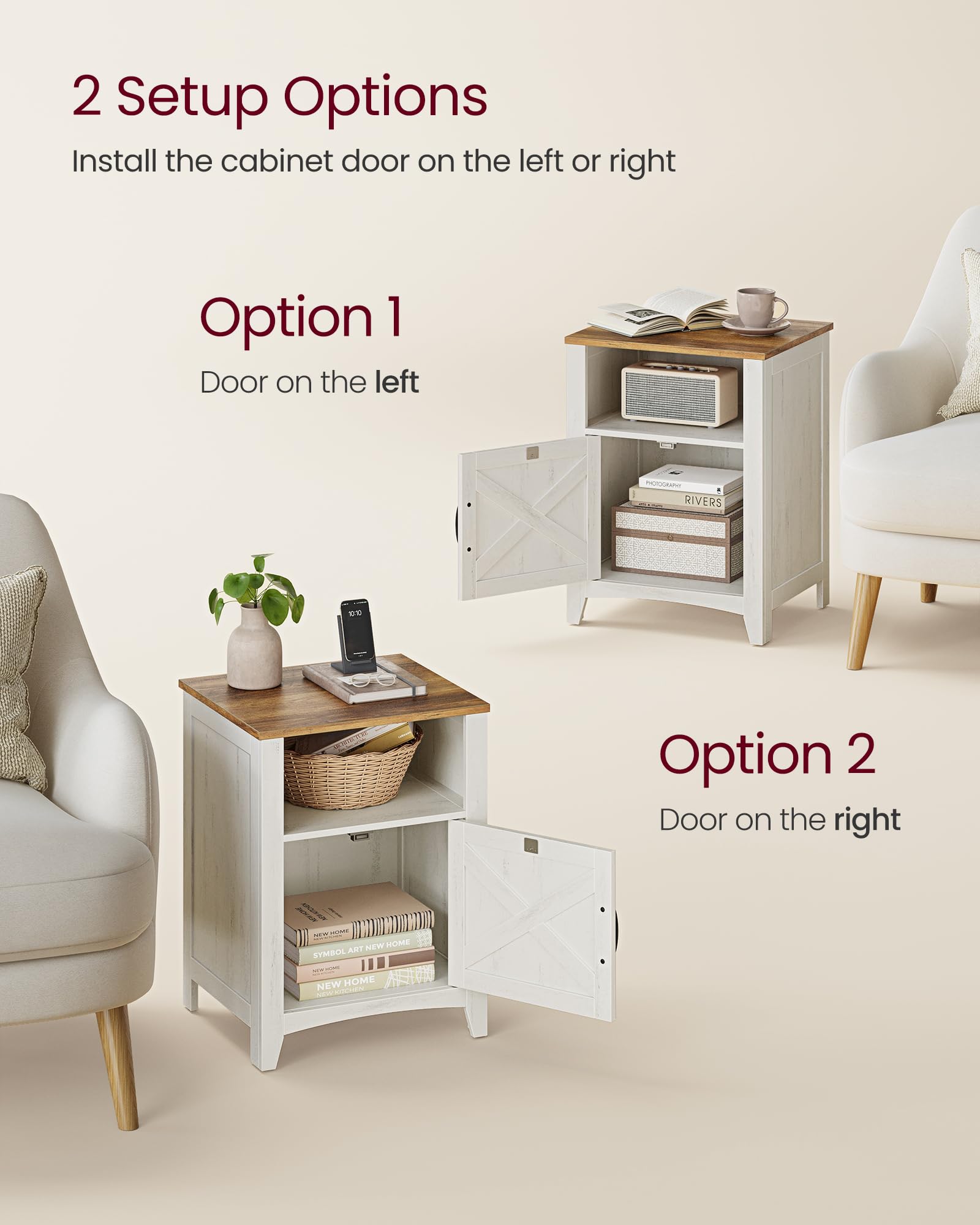 VASAGLE LIRY Collection - Farmhouse Nightstand with Barn Door, Bedside Table with Storage, Side End Table, Night Stand, Open Compartment, for Bedroom, Misty Gray ULET609G68