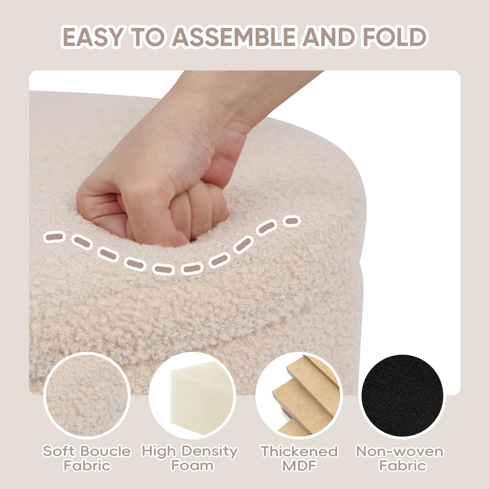 PINPLUS Round Storage Ottoman Foot Rest Stool with Tray Velvet Sherpa Folding Storage Ottoman,Boucle Foot Rest for Living Room, Bedroom, Dorm（Beige）