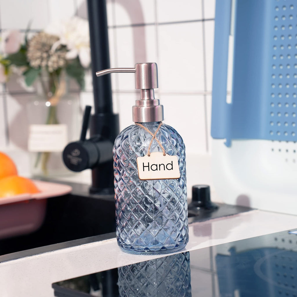 16 oz Diamond Pattern Glass Soap Dispenser, Kitchen and Bathroom Refillable Soap Dispenser with Rust Resistant Stainless Steel Pump for Hand Soap, Lotion Glass Liquid Dispenser(Amber)