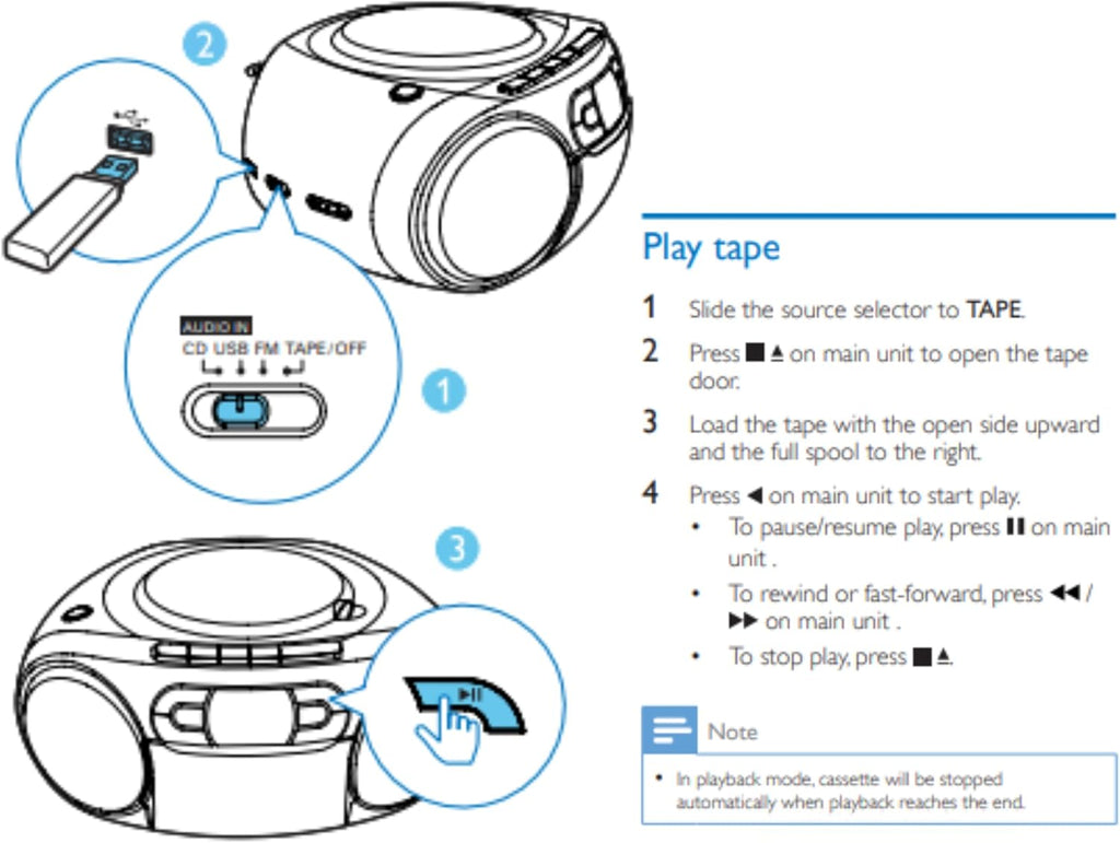 Philips Portable CD Player Boombox - Portable MP3 Player and Cassette Tape Player, Boom Box Compact Stereo Sound System with Dynamic Bass Boost, Take Your Music Outside with USB HiFi Music Player