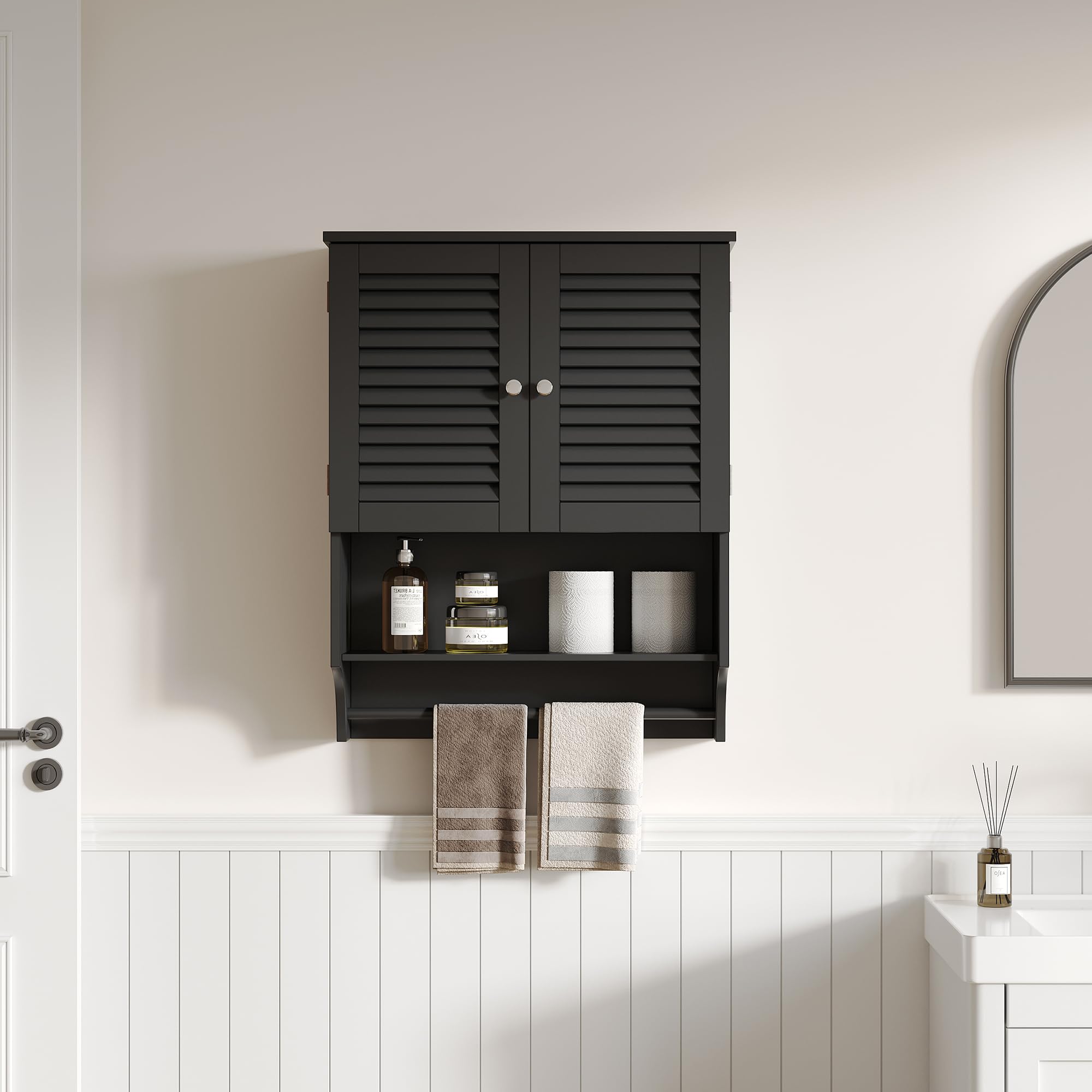ChooChoo Bathroom Wall Cabinet, Medicine Cabinet, 2 Doors Over The Toilet Space Saver Storage Cabinet with Large Space, Black