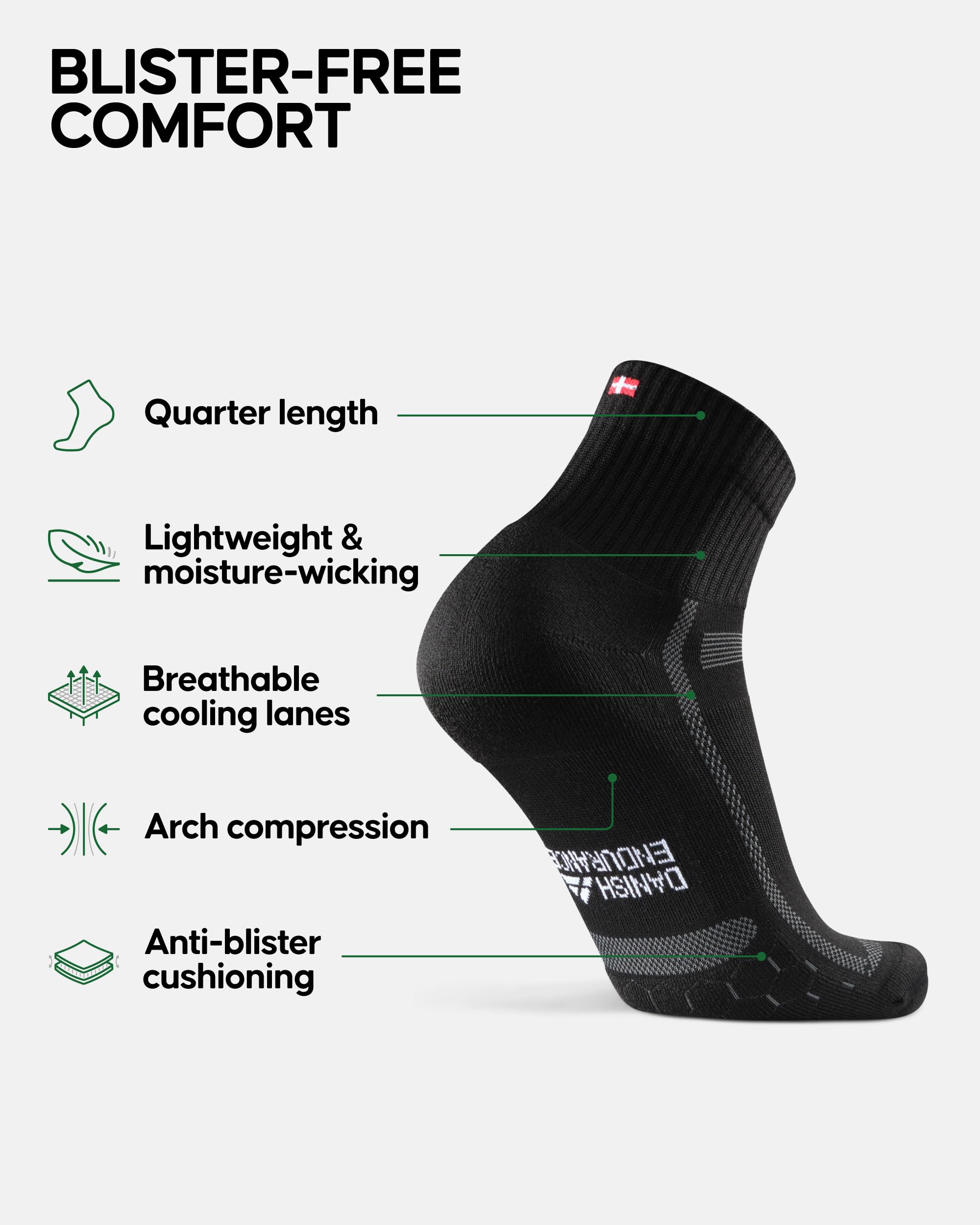 DANISH ENDURANCE Ultra-Comfort Quarter Running Socks, Performance Socks, Men & Women - 3 or 5 Pack