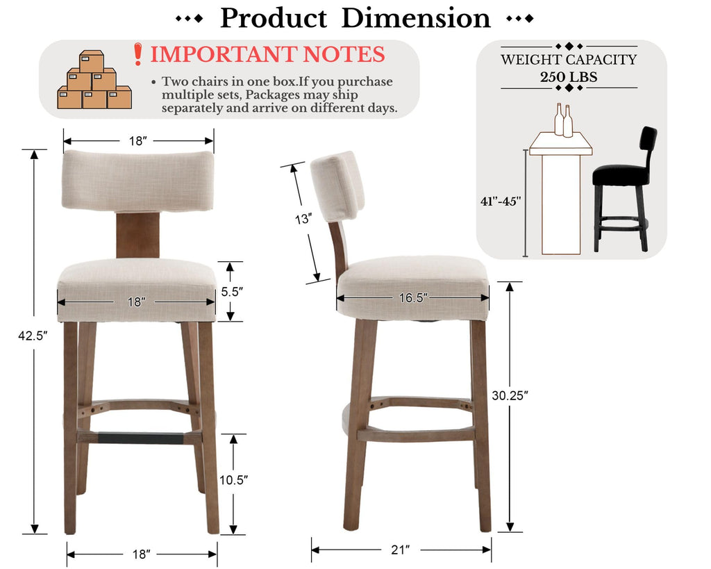 Farmhouse 30'' Extra Tall Bar Stools Set of 2 Modern Counter Height Barstools with Backs Rustic Wood Bar Stools Linen Upholstered Counter Chairs Kitchen Island Stool Chairs with Wood Frame, Beige