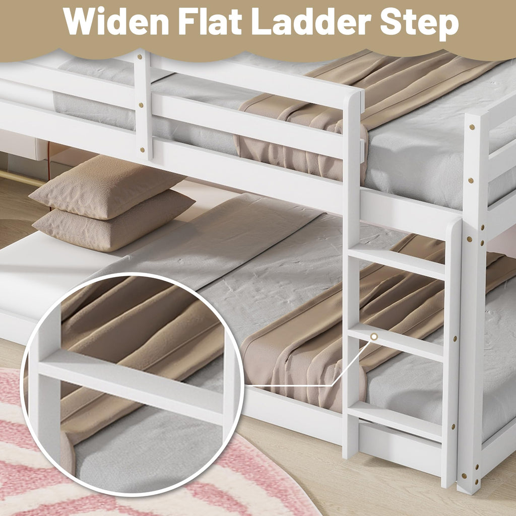 Bunk Bed Twin Over Twin, Wood Low Profile Floor Twin Bunk Beds with Headboard Ladder Guardrails for Kids Boys and Girls, No Box Spring Needed