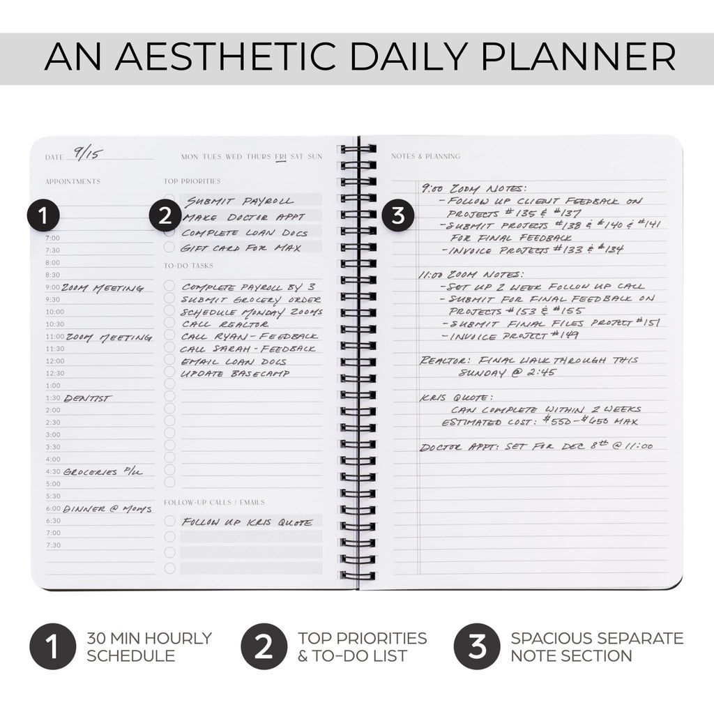 Beautiful Daily Planner And Notebook With Hourly Schedule - Aesthetic Spiral To do List Notepad to Easily Organize Your Tasks And Appointments - Stylish Book And School Or Office Supplies