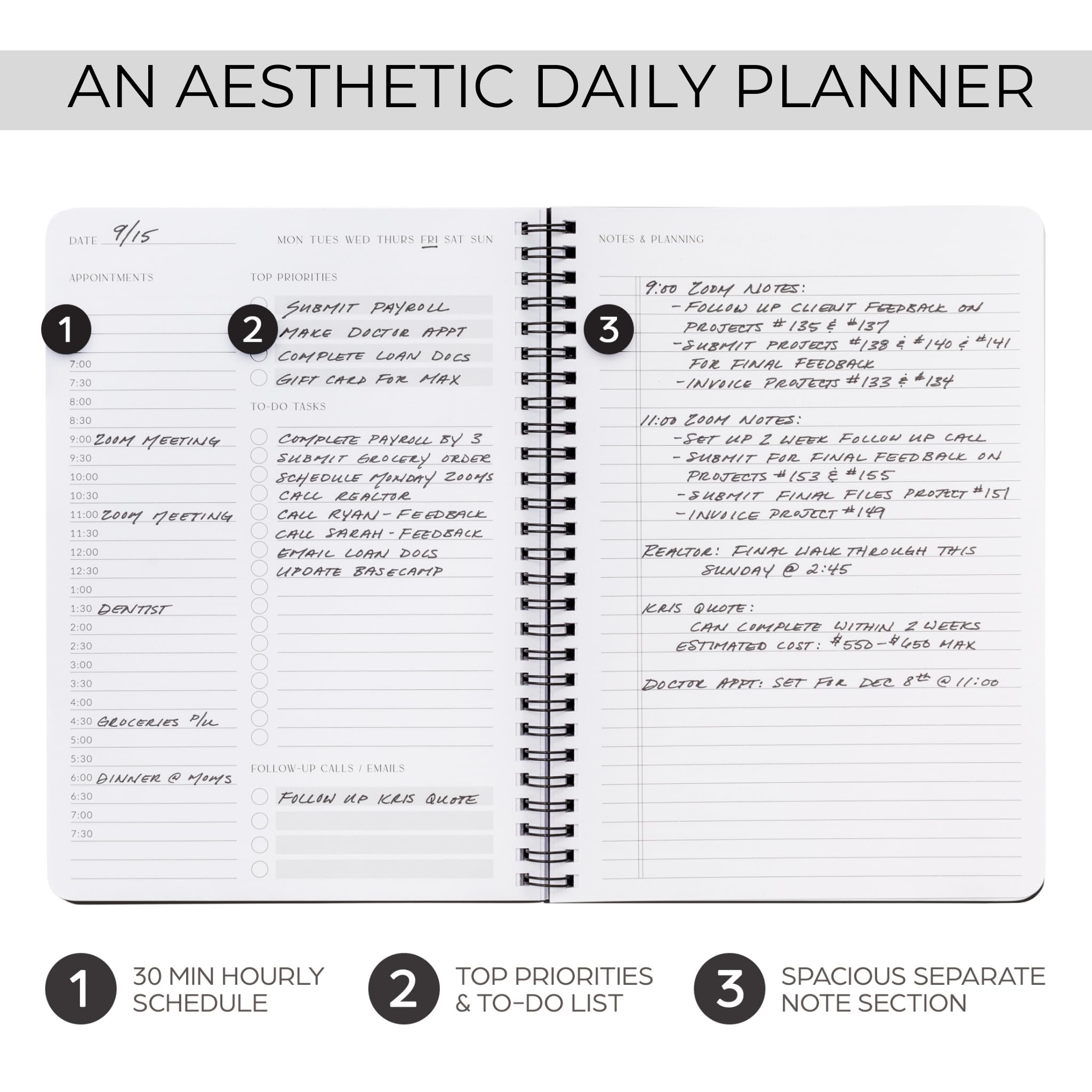 Beautiful Daily Planner And Notebook With Hourly Schedule - Aesthetic Spiral To do List Notepad to Easily Organize Your Tasks And Appointments - Stylish Book And School Or Office Supplies