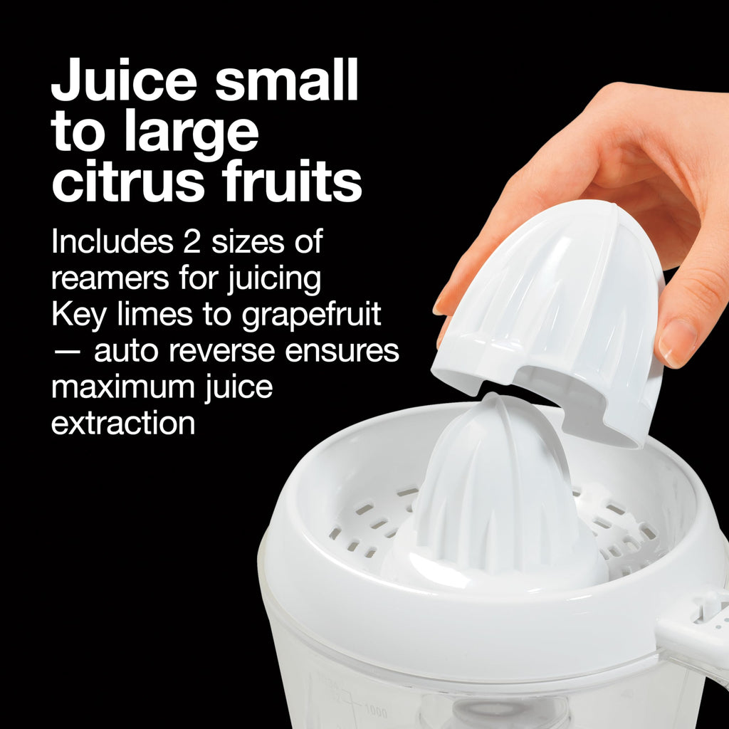 Proctor Silex Electric Citrus Juicer Machine, Large 34 oz. Pitcher, Pressure Activated, 2 Reamers for Big and Small Fruit, Pulp Control, for Orange, Lemon, Grapefruit Juice, White & Green (66340)