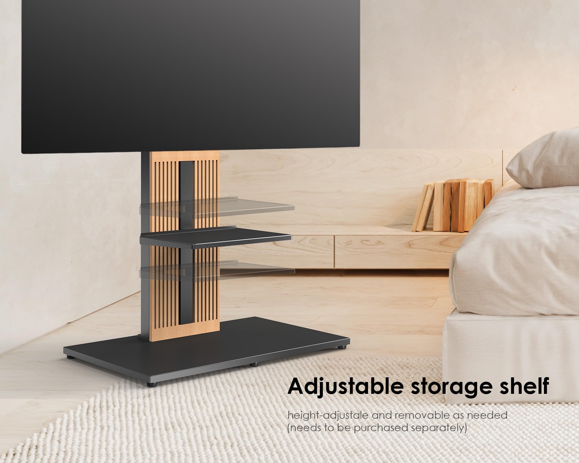 FITUEYES Wood TV Stand Swivel Mount with Hidden Back Storage for 32-65 inch TV Screens, Scandinavian Style Tall Floor TV Stand for Home Decor with Reinforced Base, Zen Series, Black