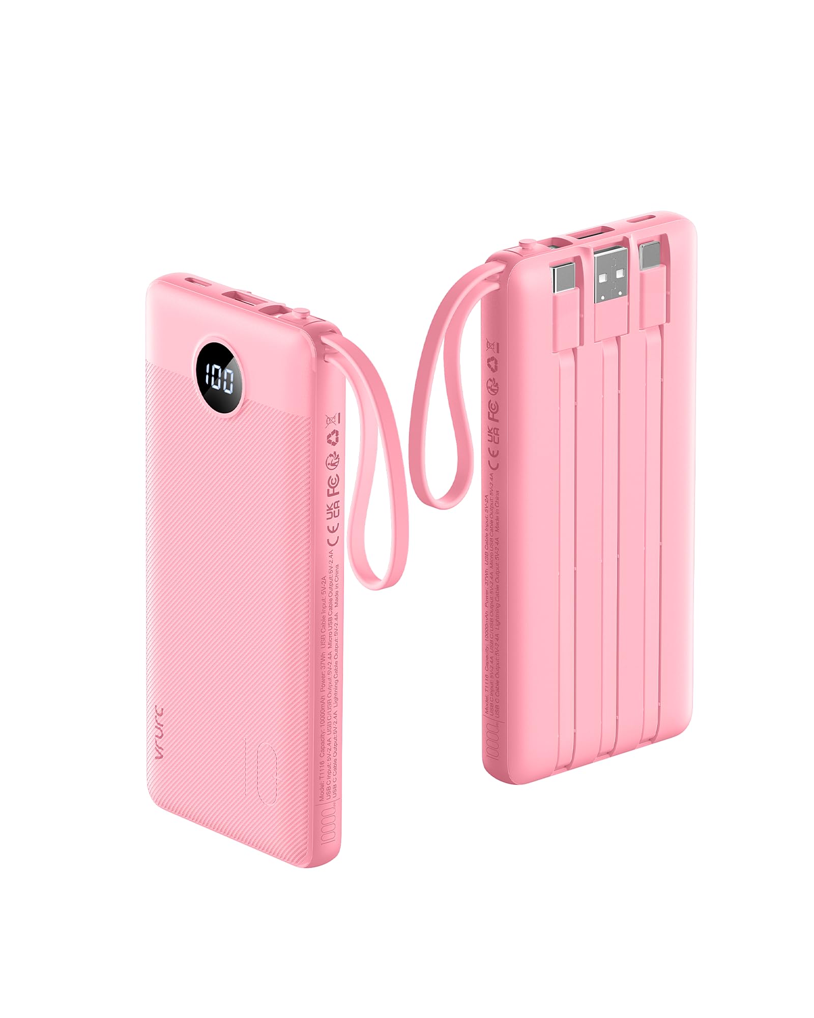 VRURC Portable Charger Power Bank, USB C Battery Pack 10000mAh, Flight-Safe Travel Essentials, 5 Outputs 2 Inputs Slim Phone Charging Bank Built-in Cables for Multi Devices-Lavender(1 Pack)