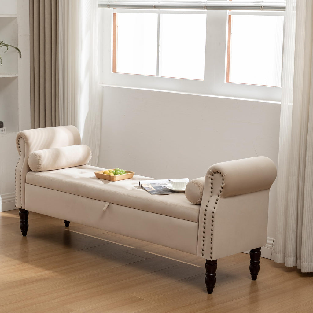 Storage Bench for Bedroom, 67" End of Bed Bench King Size, Velvet Bedroom Bench with Storage, Upholstered Tufted Storage Ottoman Benches with Arms for Bedroom, Entryway, Living Room, Beige