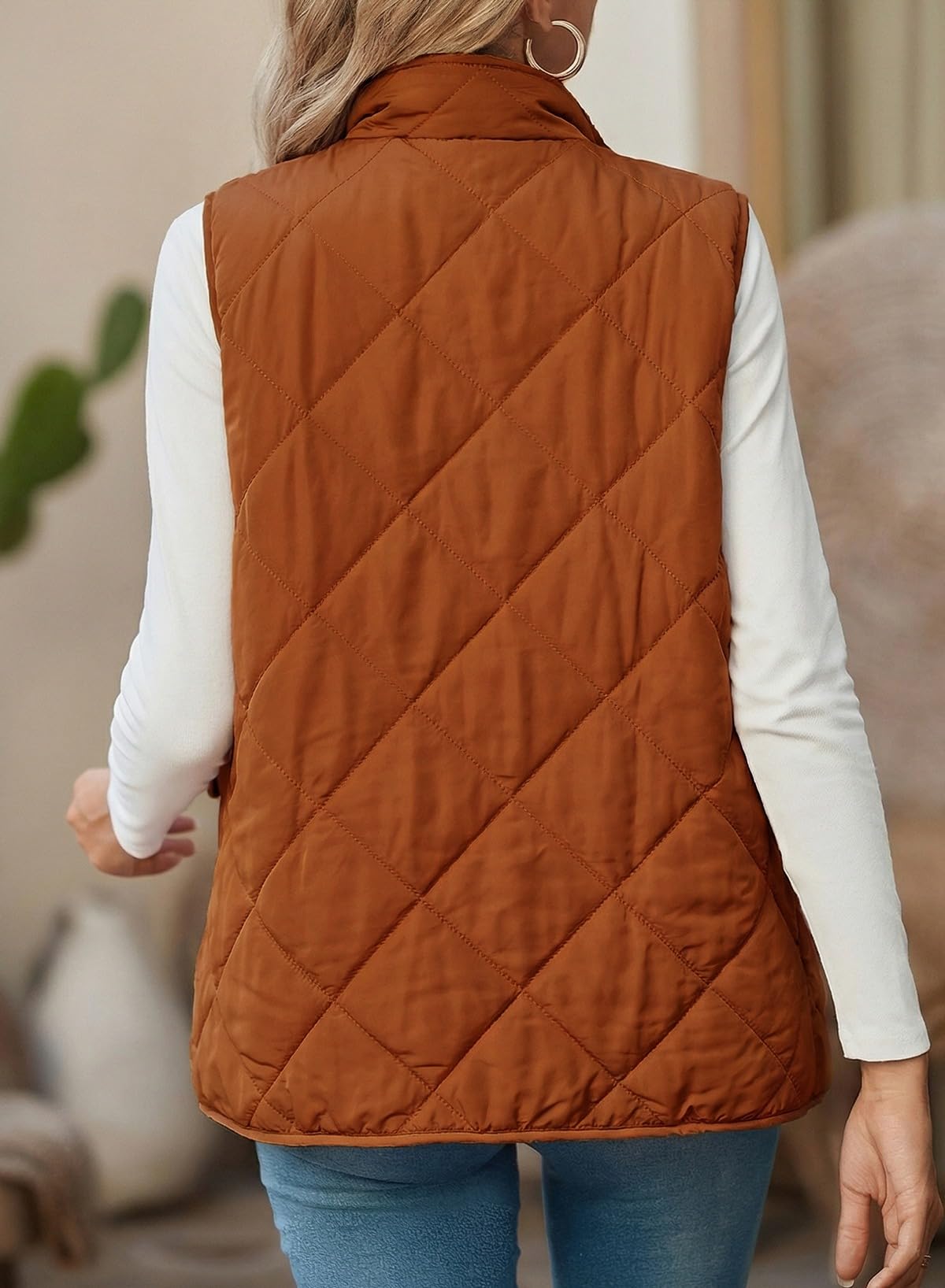 SHEWIN Women Puffer Vest Casual Stand Collar Sleeveless Puffer Jacket Warm Winter Reversible Zip Up Outerwear with Pockets