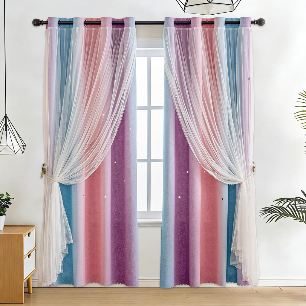 Anytime Star Cut-Out Blackout Curtains for Bedroom 2 Panels,2-Layers Mix Design of Fabric & Tulle,Pretty Pure Color Window Curtain for Kids Room(W35 x L45,LPink)
