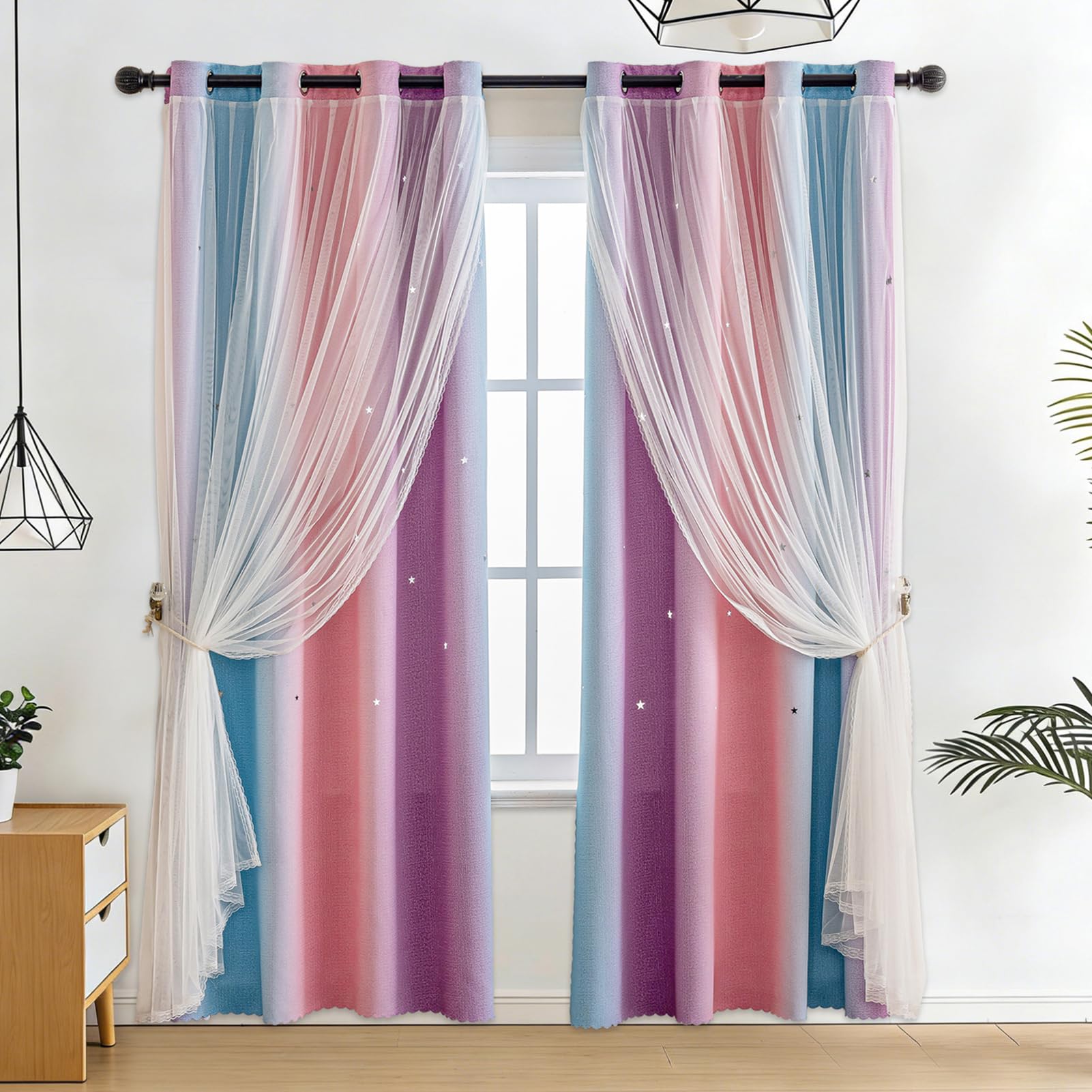 Anytime Star Cut-Out Blackout Curtains for Bedroom 2 Panels,2-Layers Mix Design of Fabric & Tulle,Pretty Pure Color Window Curtain for Kids Room(W35 x L45,LPink)