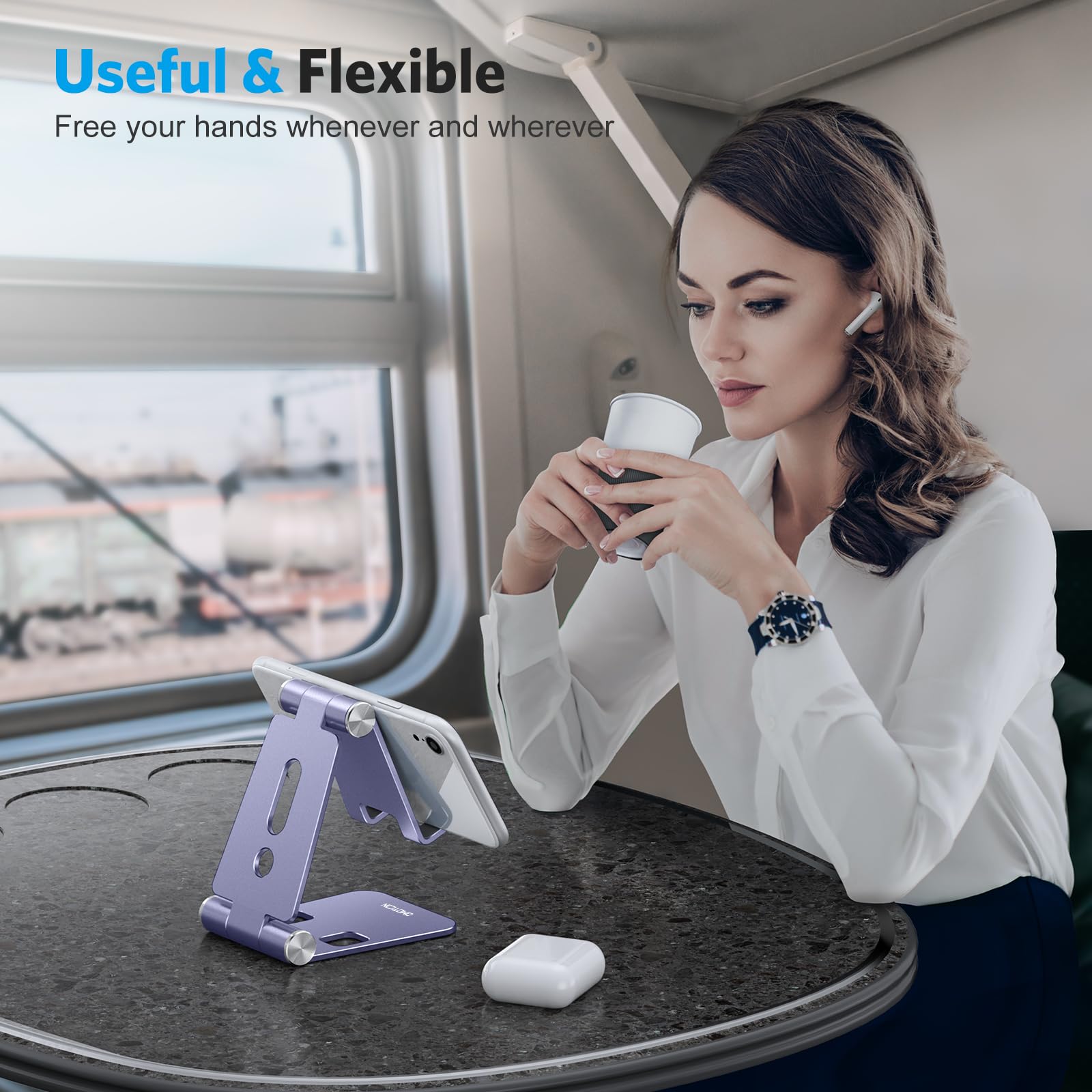 OMOTON Foldable Cell Phone Stand, C4 Portable Aluminum Phone Holder, Adjustable Phone Dock Cradle for iPhone 17/16/15 Pro Max Air, Small Tablets, All Smart Phones for Women Men Gift, Silver