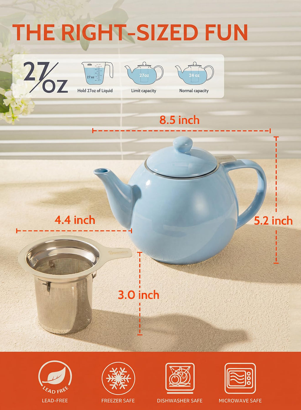 Sweese Porcelain Teapot 27 oz with Infuser for Loose Leaf Tea, Bluish Grey