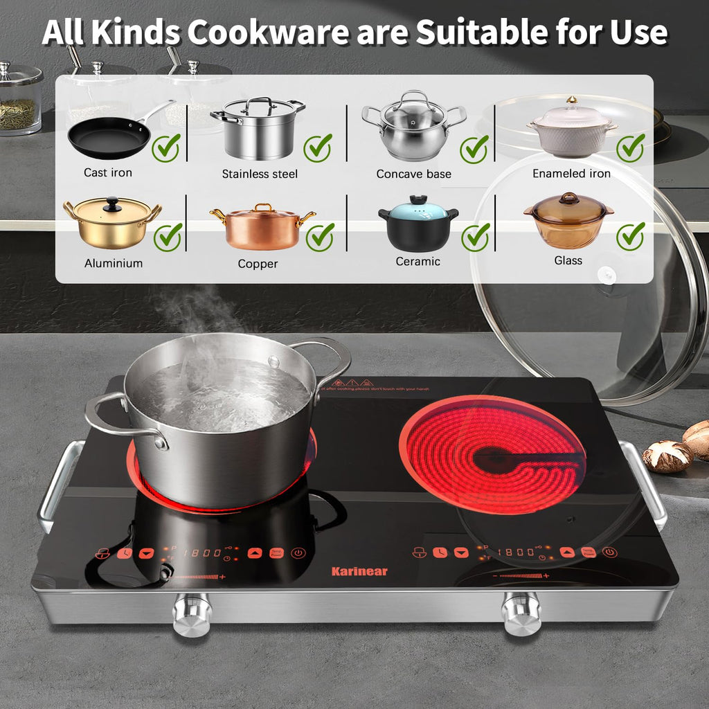 Karinear Portable Electric Stove 110V, 1800W Electric Hot Plate with Handle, Knob Control Single Burner Electri Cooktop, Ceramic Infrared Countertop Burner, Timer, Safety Lock(Green)