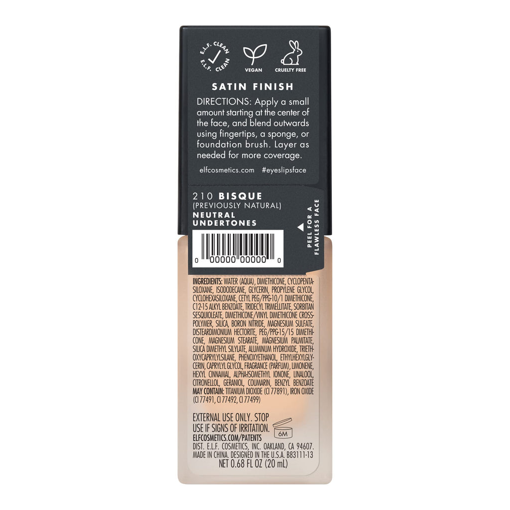 e.l.f. Flawless Satin Foundation, Lightweight & Medium Coverage, Semi-Matte Finish, Vegan & Cruelty-Free, Alabaster, 0.68 Fl Oz (20mL)