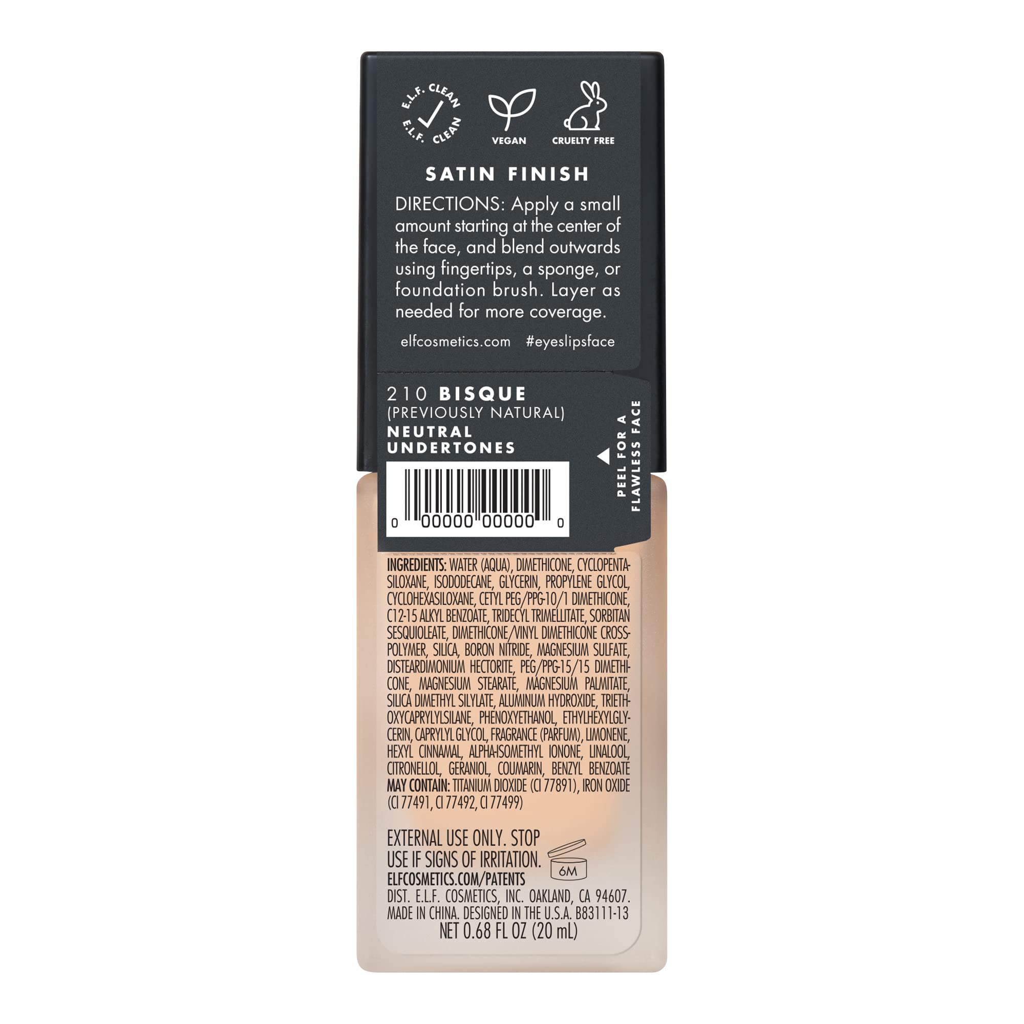 e.l.f. Flawless Satin Foundation, Lightweight & Medium Coverage, Semi-Matte Finish, Vegan & Cruelty-Free, Alabaster, 0.68 Fl Oz (20mL)