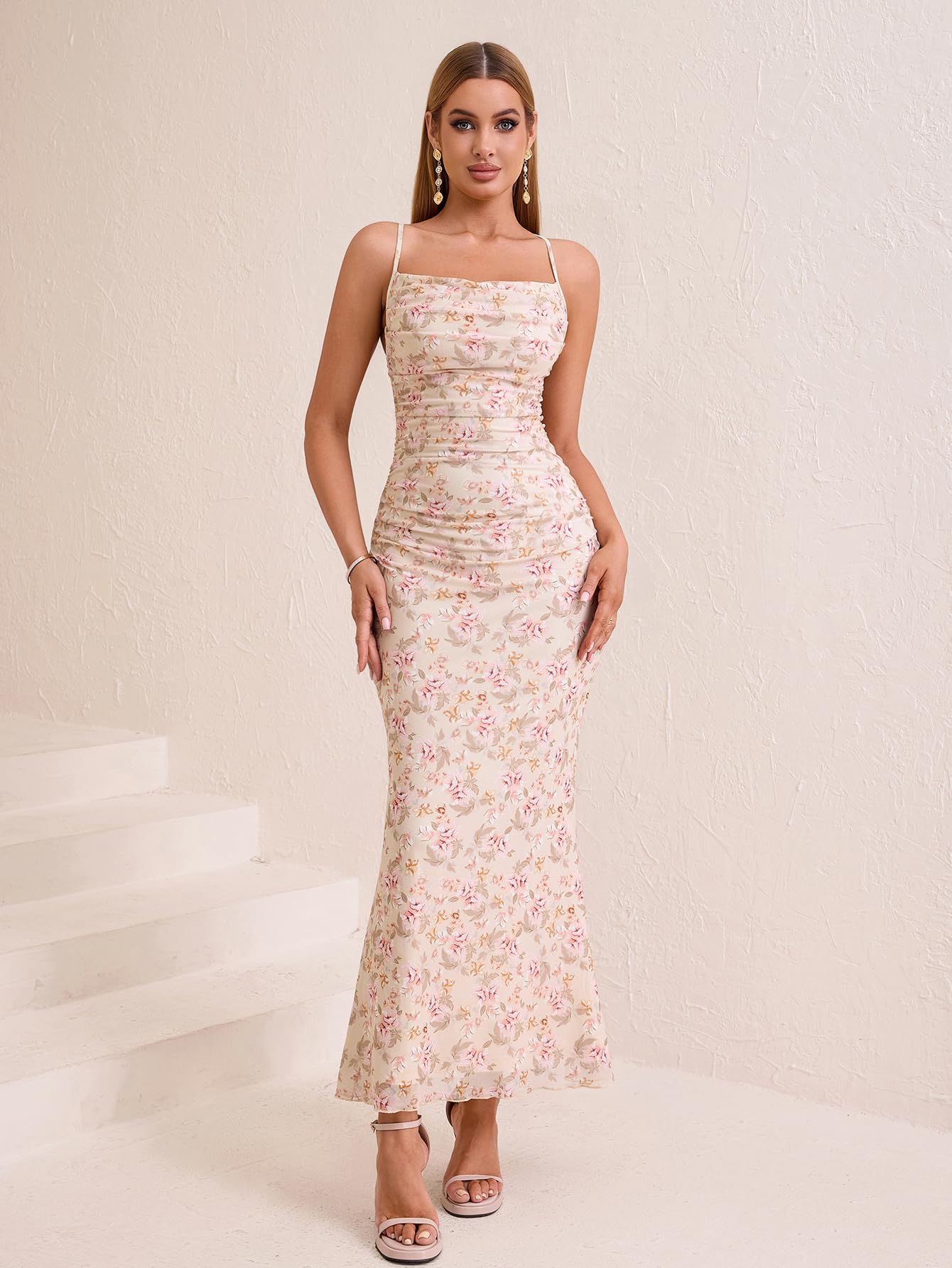 URYIAO Women's Summer 2026 Floral Spaghetti Strap Maxi Dress Sleeveless Ruched Mesh Bodycon Long Wedding Guest Dresses