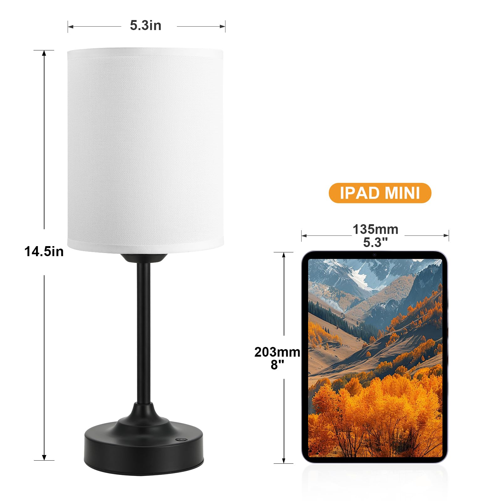 Touch Control Cordlss Table Lamp, USB-C Rechargeable Lamp with Stepless Dimming, 4000mAh Battery Operated Bedside Lamp for Bedroom, Living Room, Night Light & Emergency Lighting, Black, 1 Pack