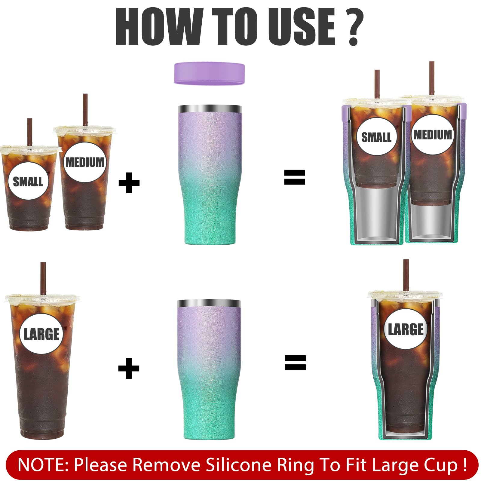 Universal Iced Coffee Sleeve - Upgraded Double Wall Reusable Stainless Steel Holder Sleeves Insulator for Cold Drinks Fits Starbucks Dunkin Donuts McDonalds Small Medium Large Cup (Aurora)