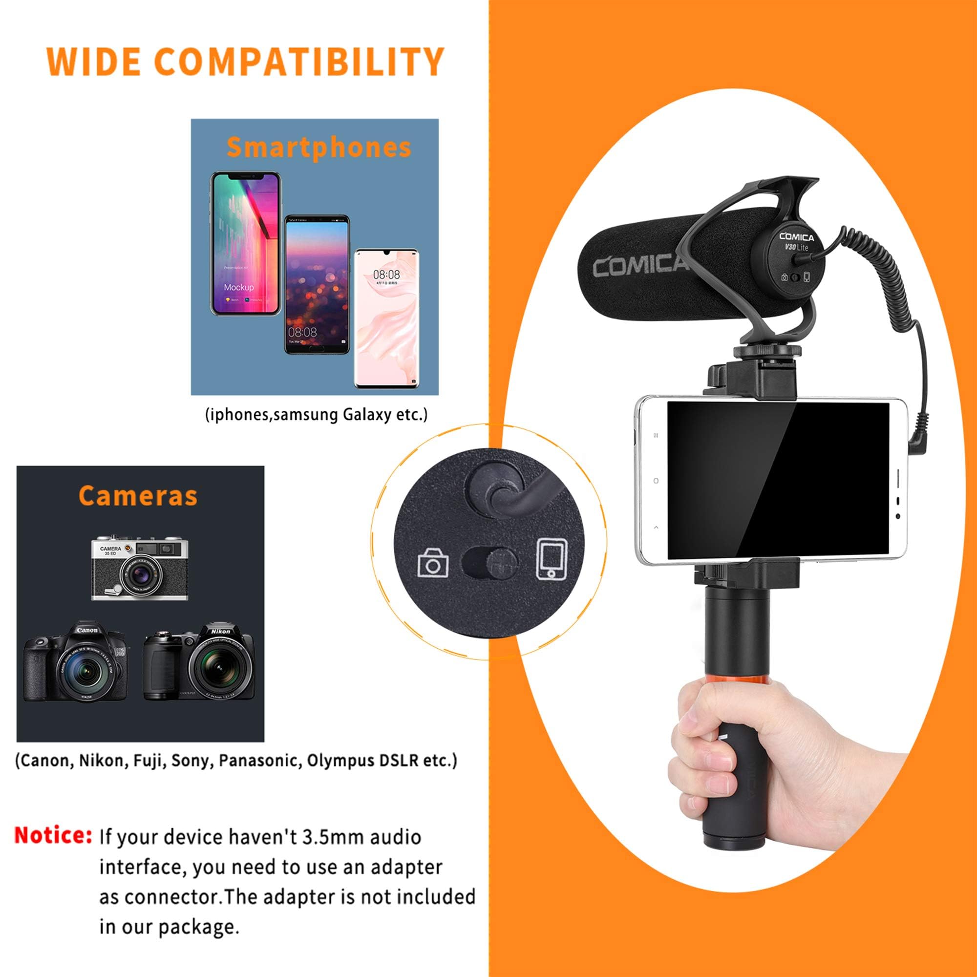COMICA CVM-V30 LITE Video Microphone,Super-Cardioid Condenser On-Camera Shotgun Microphone for Canon Nikon Sony Panasonic DSLR Cameras,Mic for iPhone Android Smartphone with 3.5mm Jack(Black)