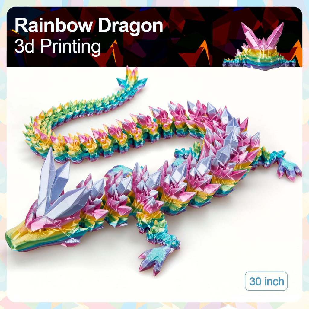 24" Large 3D Printed Dragon - Huge Articulated Crystal Dragon Fidget Toy, Giant Flexible 3D Dragon Figure, Birthday Gift for Boys Girls Kids & Collectors, Home Office Executive Desk Decor