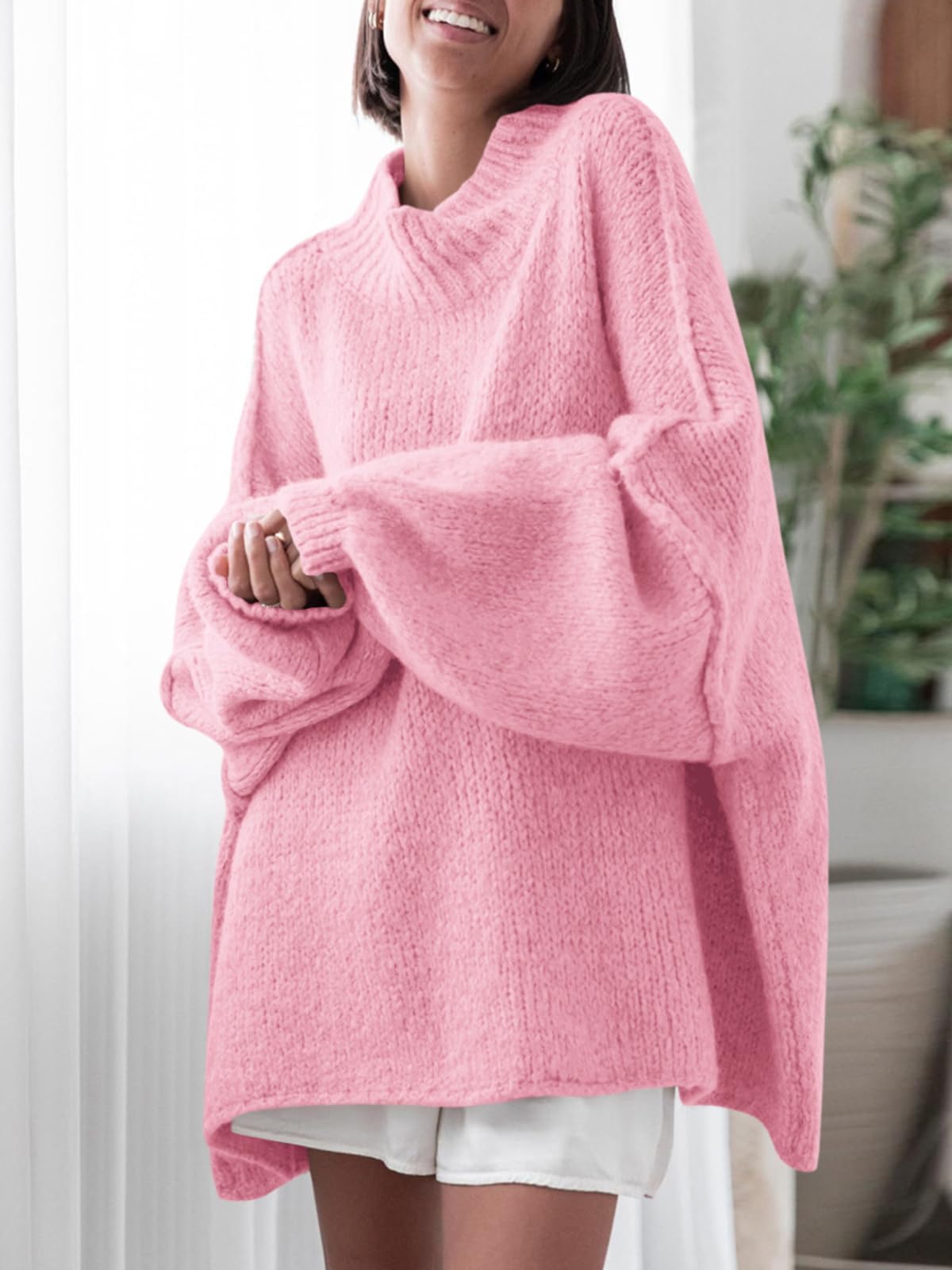 Saodimallsu Womens Oversized Sweaters Mock Neck Batwing Long Sleeve 2026 Fall Trendy Ribbed Knit Casual Tunic Sweater