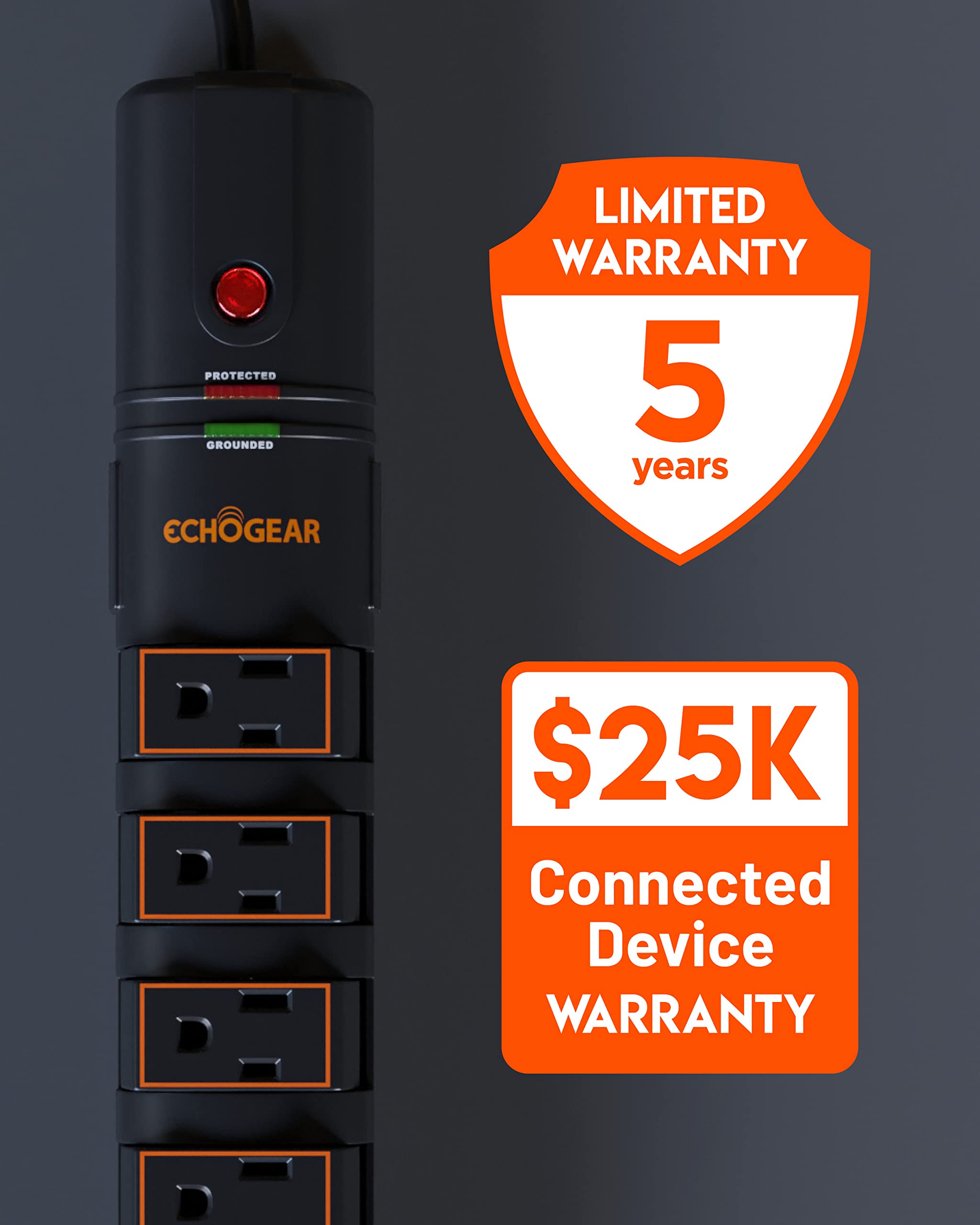 ECHOGEAR VoltSpin Surge Protector Power Strip with Rotating Outlets, Flat Plug, Long Cord, & Mounting Holes - Power Strip with Heavy Duty Surge Suppression Plus Built-in Cable Management