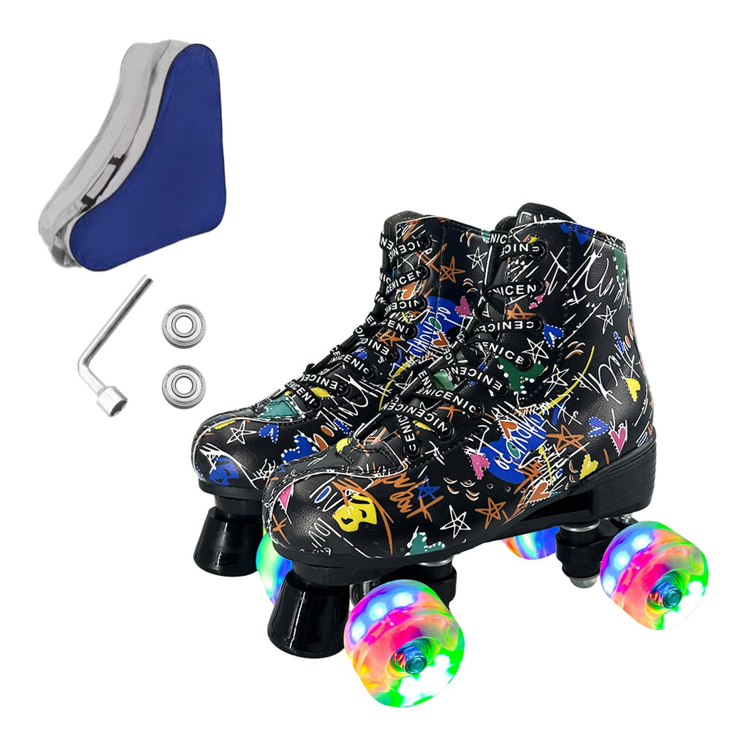 Roller Skates for Men and Women, Black Derby Roller Skates with 4 Shiny Wheel, Classic Double-Row Roller Skates for Indoor and Outdoor