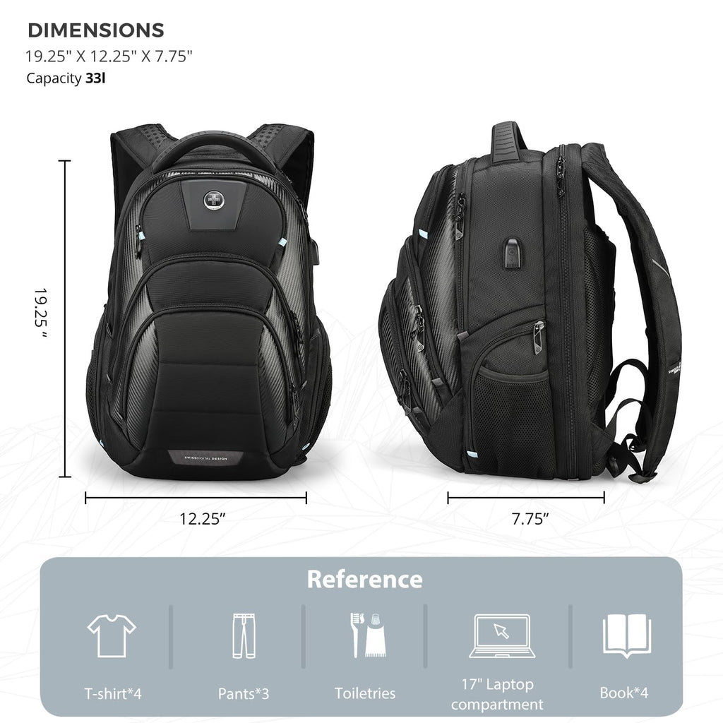 Swissdigital Design Travel Backpack for Women or Men, TSA Friendly USB Charging RFID Protection Business Carry on Bag Fits 15.6" Laptop Backpack Black | J14-BR
