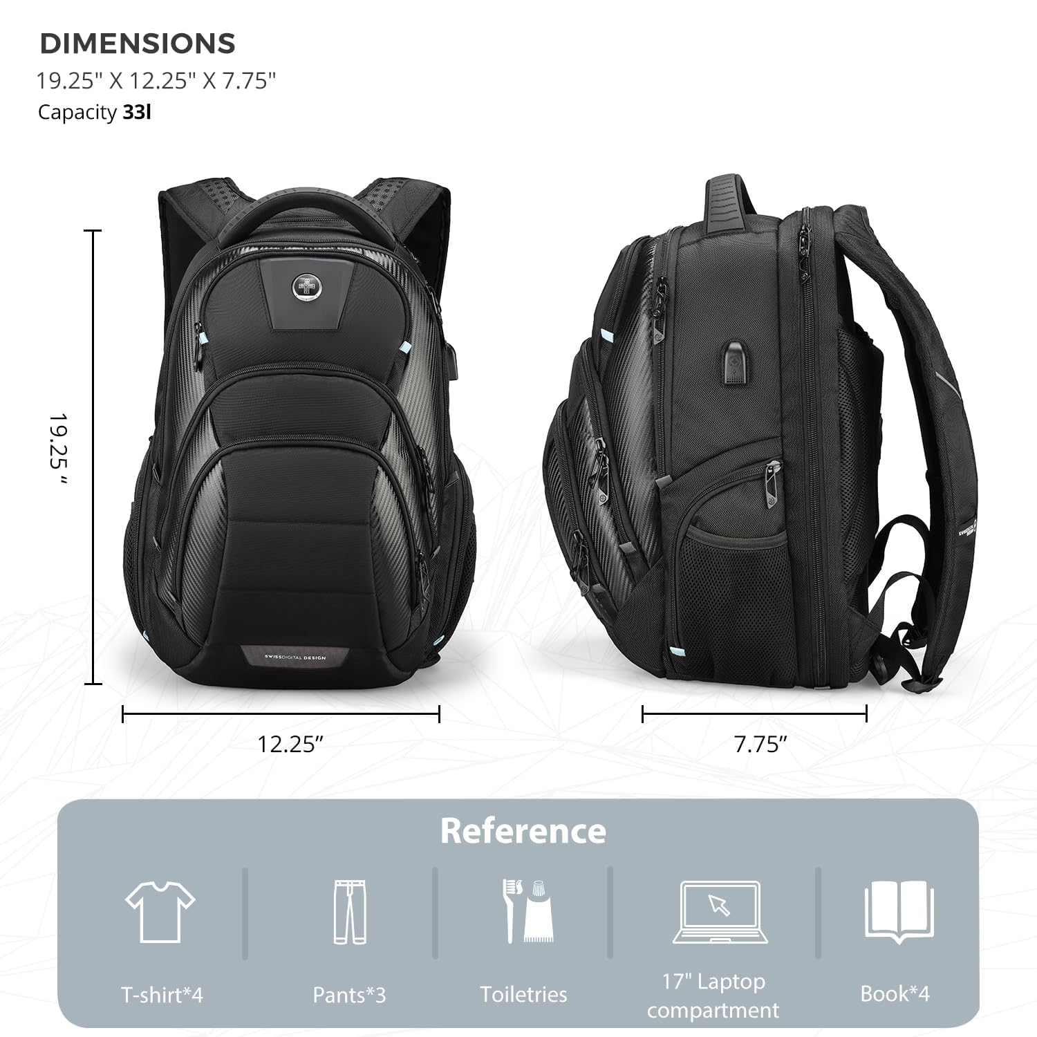 Swissdigital Design Travel Backpack for Women or Men, TSA Friendly USB Charging RFID Protection Business Carry on Bag Fits 15.6" Laptop Backpack Black | J14-BR